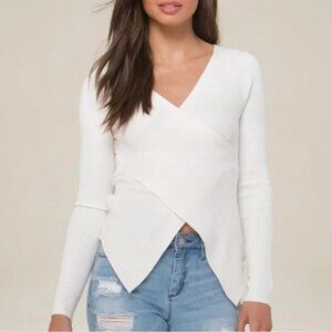 Bebe Ivory White Ribbed Wrap-Front V-Neck Ribbed Sweater